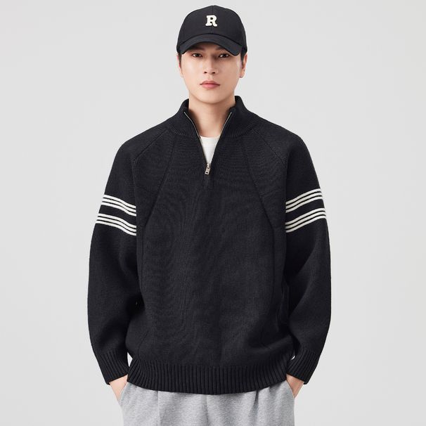 Retro Stand Collar Zip-Up Knit Sweater – Unisex Streetwear Pullover (M-3XL, Relaxed Fit, Vintage Aesthetic)_viptrois.com