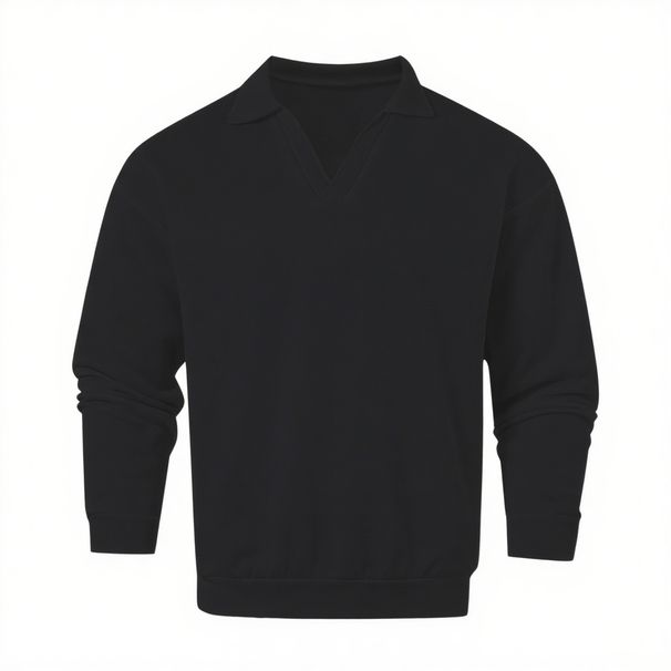 Men's Classic V-Neck Pullover Sweatshirt – Solid Color Long Sleeve Polyester Top (S-XXL, Black/Yellow)_viptrois.com