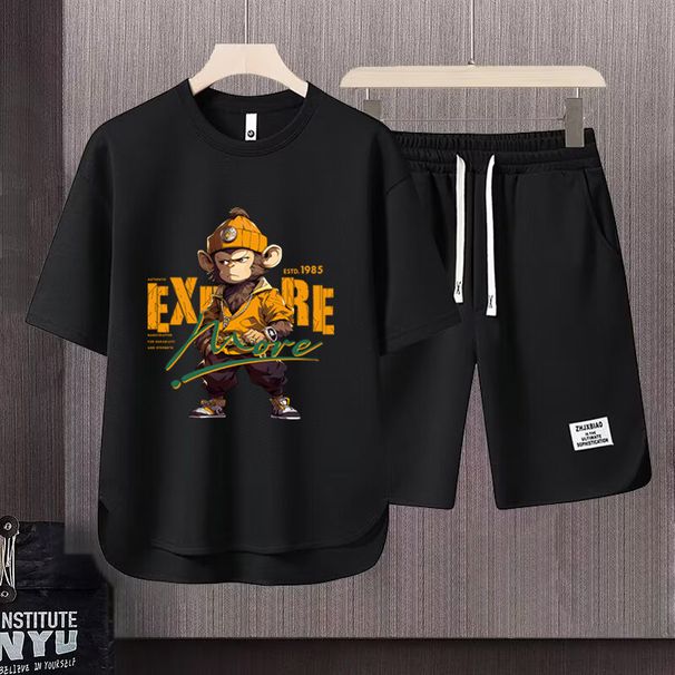 Men's Clothing 2024 Waffle Casual Summer Suit Men's Loose Teen Short sleeved T shirt Shorts Handsome Two piece Suit_viptrois.com