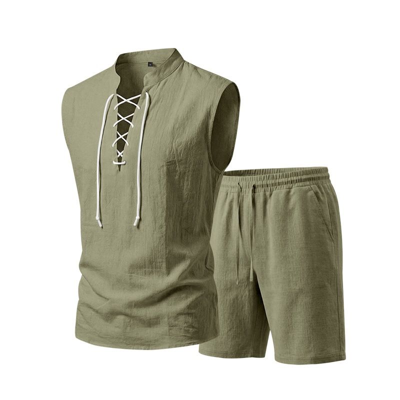 Men's Clothing Men's Retro Linen Set Summer Tie Up Sleeveless Top With Shorts Medieval Loose Fit Vacation Wear_viptrois.com