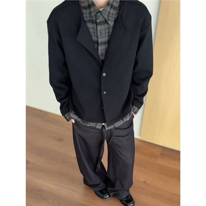 Pure Brown Two-Piece Shirt For Men, Autumn Melad Color Series, College Style Jacket, Vintage Design Knitted Cardigan_viptrois.com