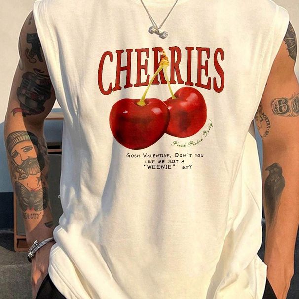 100% Pure Cotton Men's Summer Casual Sports Fitness Loose Cherry Pattern Printed Breathable Round Neck Sleeveless Vest_viptrois.com