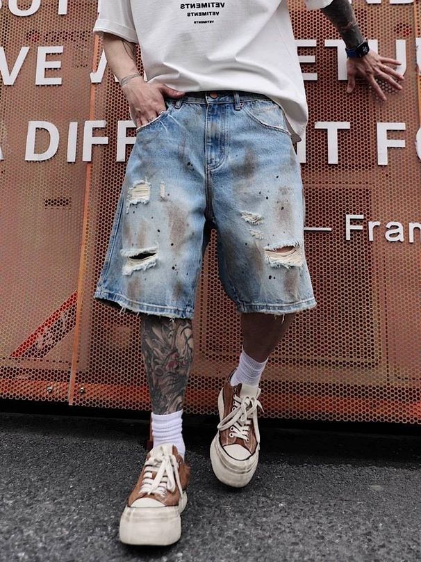 Men's Trendy Summer Style Ripped Paint Spot Distressed Jeans Six Point Yellow Mud Dye Over The Knee_viptrois.com
