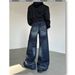 Slub Texture Curved Hem Denim Jeans Unisex Straight Leg Vintage Washed Distressed Casual Pants Unisex Straight Leg Cut_viptrois.com