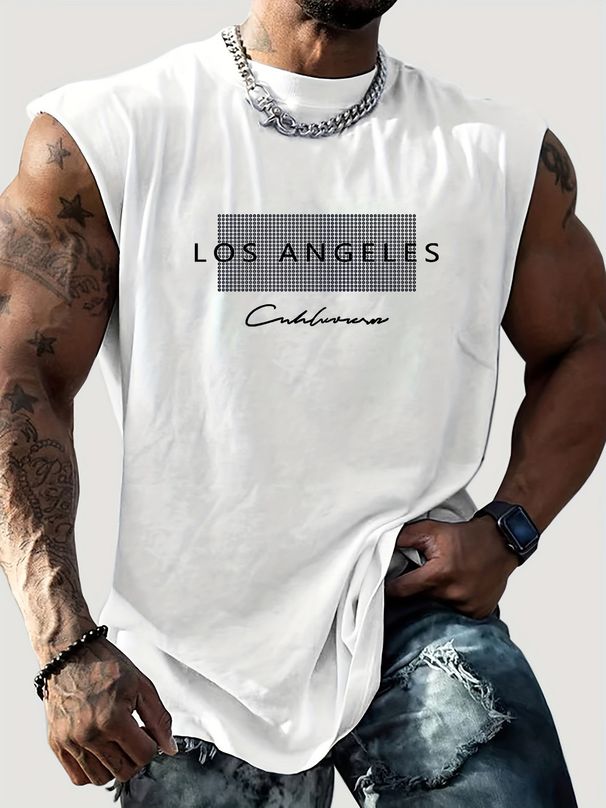 100% Pure Cotton Men's Summer Casual Sports Fitness Loose Los Angeles Letter Pattern Printed Breathable Round Neck Sleeveless Vest_viptrois.com