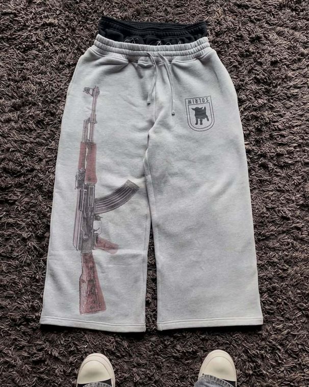 Men's Clothing Y2k High Street Ins Double Waist Printed Embroidery Street Folding Trousers Sweatshirt Pants Casual Straight Trousers_viptrois.com