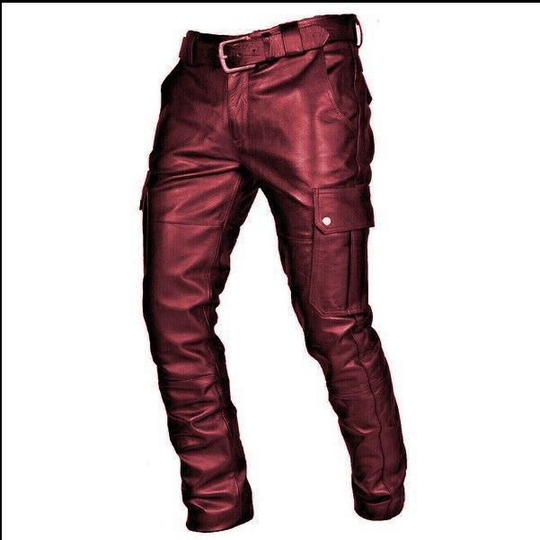 Men's Clothing Solid Color PU Strap Casual Men's Leather Pants KZ2332_viptrois.com