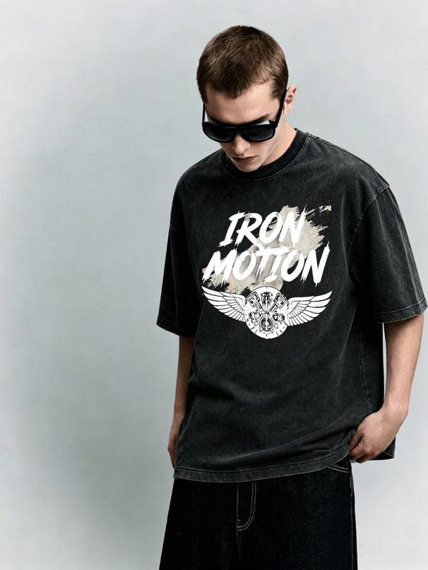 Wing Engine Iron Motion Heavyweight Washed Graphic T-Shirt Men's Oversized Streetwear Tee_viptrois.com