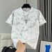 Men's Clothing Men's Summer Fashion Light Luxury Tie Dye Letter Embroidery Short Sleeve T-Shirt Simple Patchwork Cool Versatile Crew Neck Top_viptrois.com
