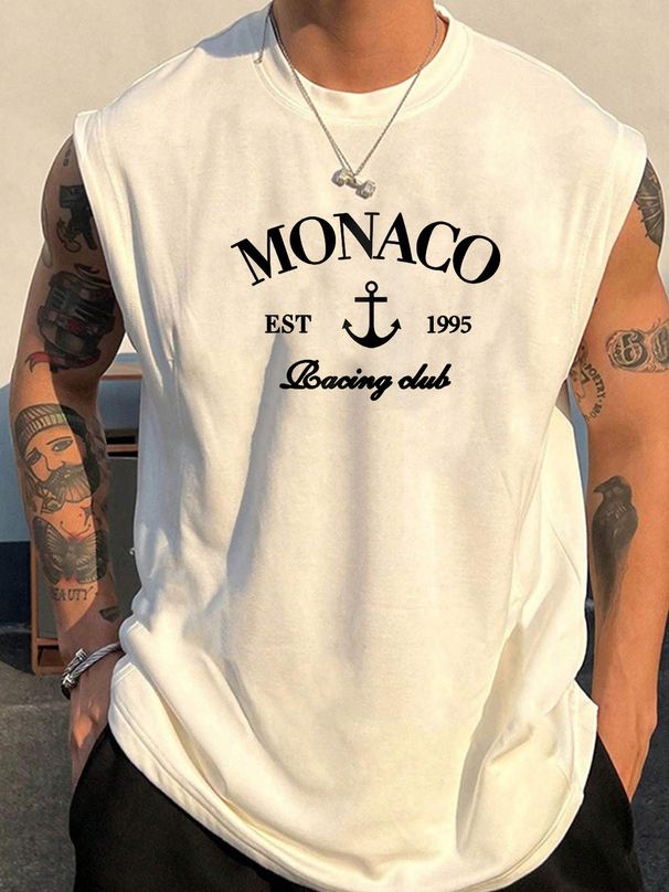 100% Pure Cotton Men's Summer Casual Sports Fitness Loose Monaco Pattern Printed Breathable Round Neck Sleeveless Vest_viptrois.com