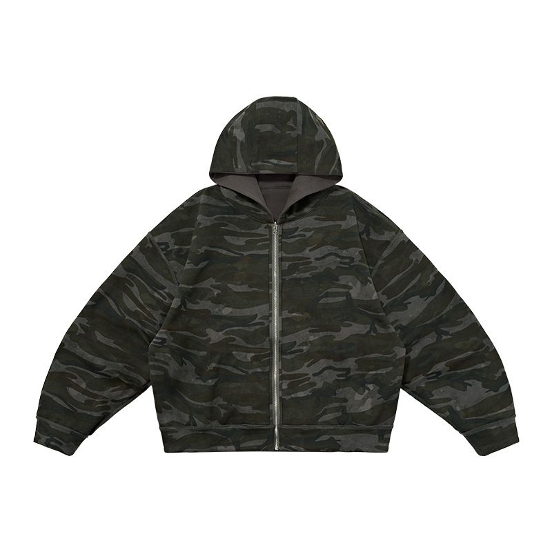 "Men's Reversible Camo Zip-Up Hoodie - Boxy Streetwear Jacket With Drop Shoulder For Casual Wear"_viptrois.com