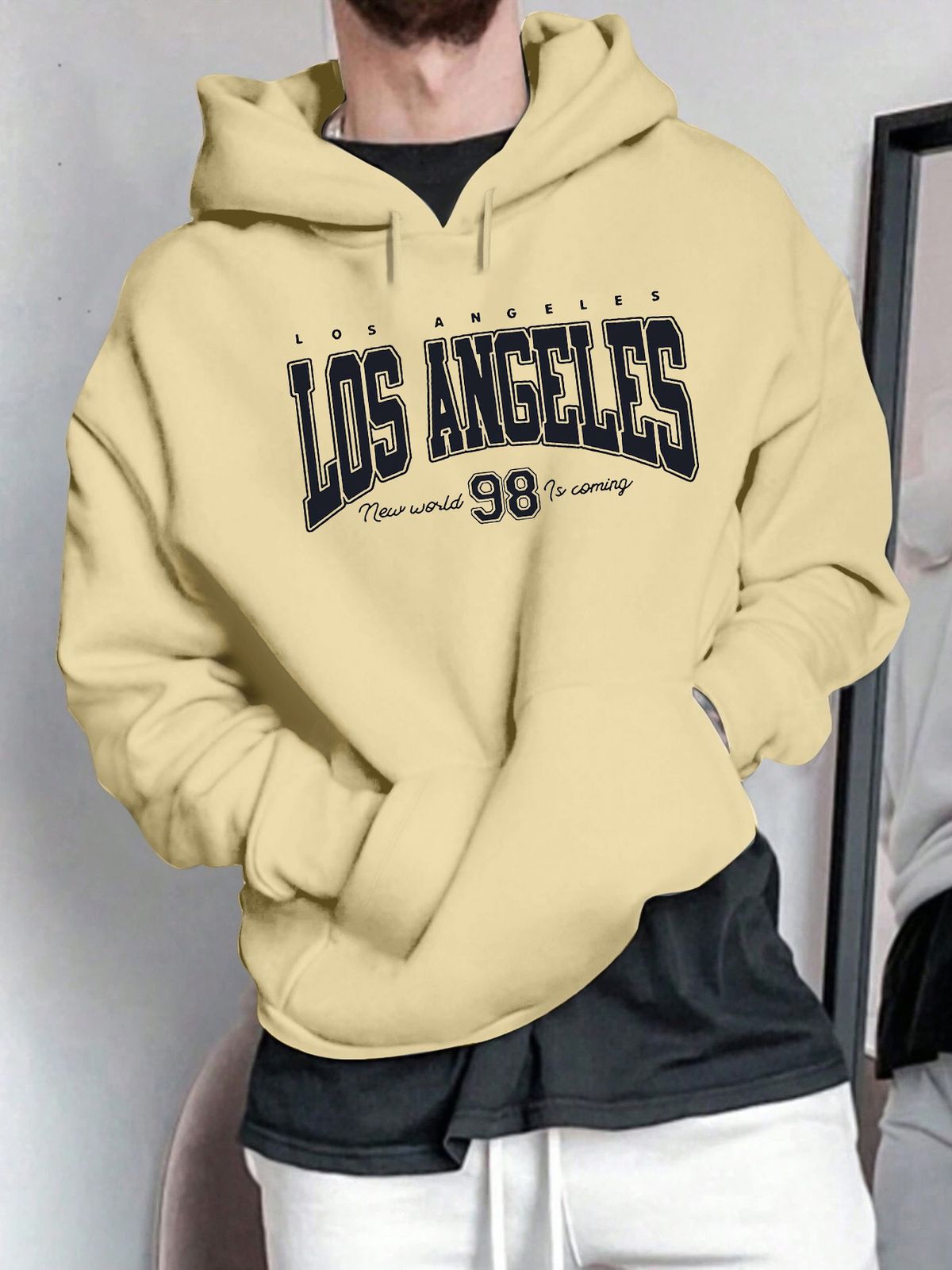 Men's Autumn And Winter Casual Fashionable Loose Hooded Sweatshirt With Los Angeles Letter Pattern Printed Warm Long Sleeved Pullover_viptrois.com