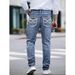 Men's Slim Fit Stretch Denim Jeans - Classic Blue Washed Straight Leg Pants With Embroidery Detail (S-2XL, Blue/Light Blue)_viptrois.com