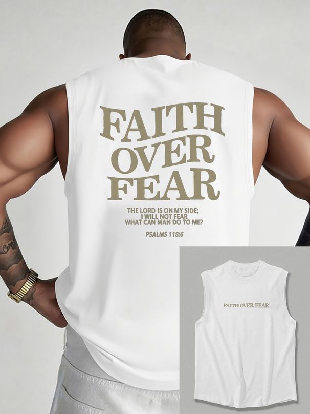 100% Pure Cotton Men's Summer Casual Sports Fitness Loose FAITH OVER FEAR Letter Pattern Printed Breathable Round Neck Sleeveless Vest_viptrois.com