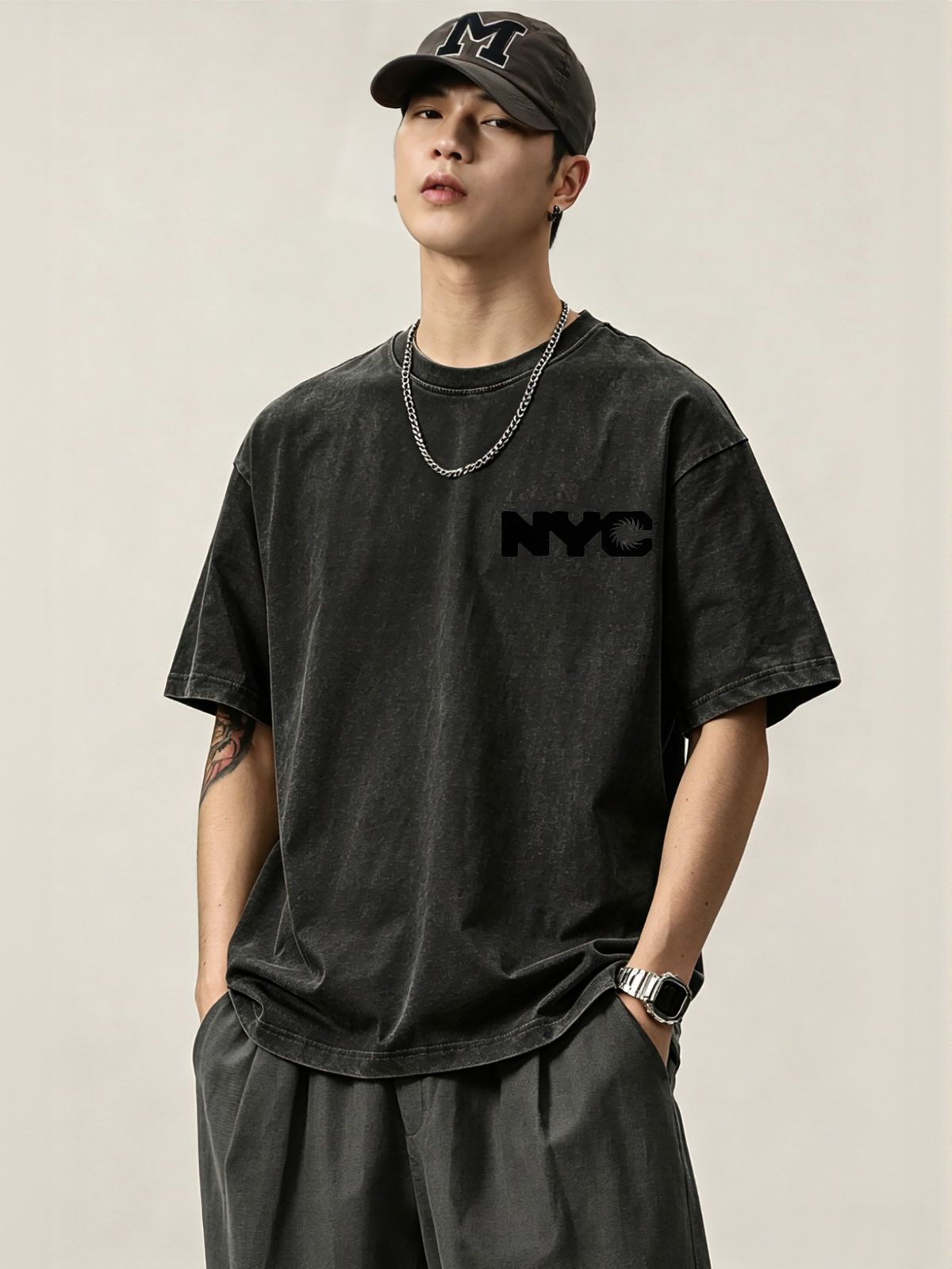 230g Washed Men Crew Neck Tee NYC Letter Graphic Print Short Sleeve Casual Streetwear Summer Top_viptrois.com
