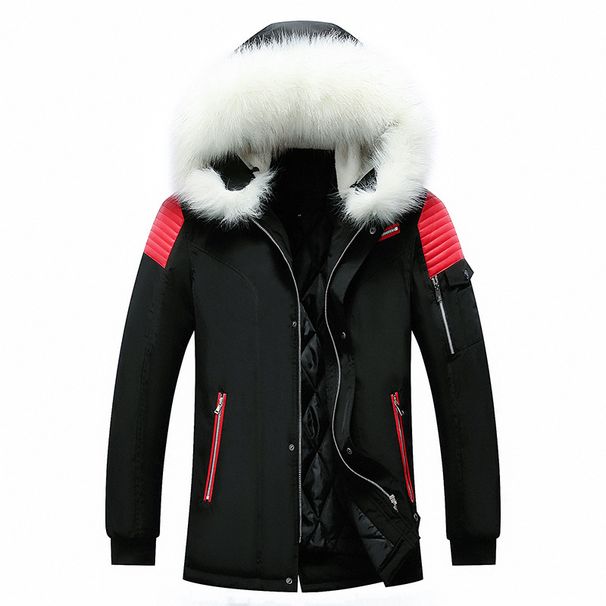 Winter Hooded New Men's Jacket Thick Slim Fit Mid-Length Solid Color Cotton Coat With Fur Collar For Men_viptrois.com