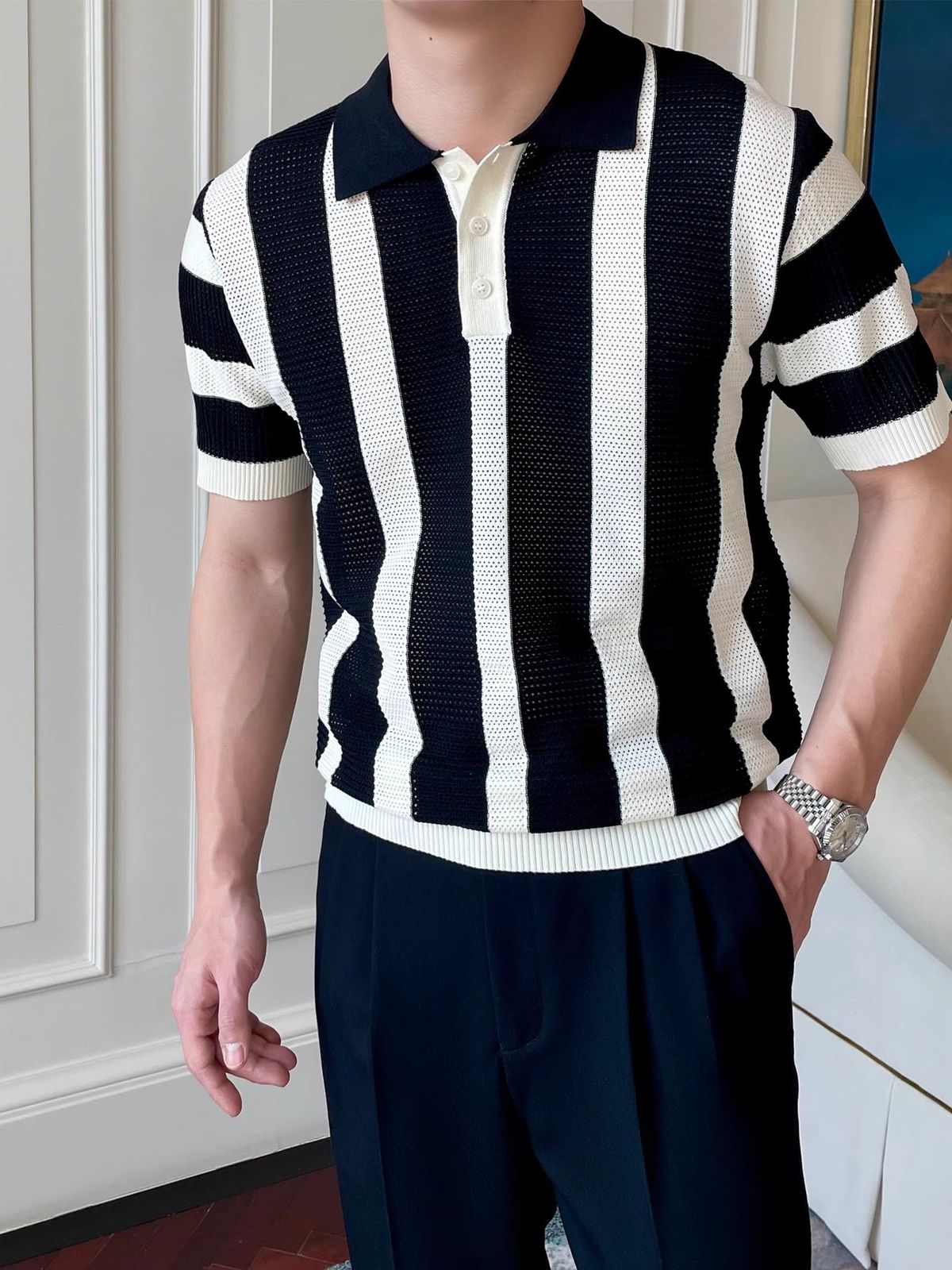 Men's Clothing Striped Knitted Polo Shirt Men's Handsome Lapel T Shirt New Summer Trend Casual Short Sleeved T Shirt_viptrois.com