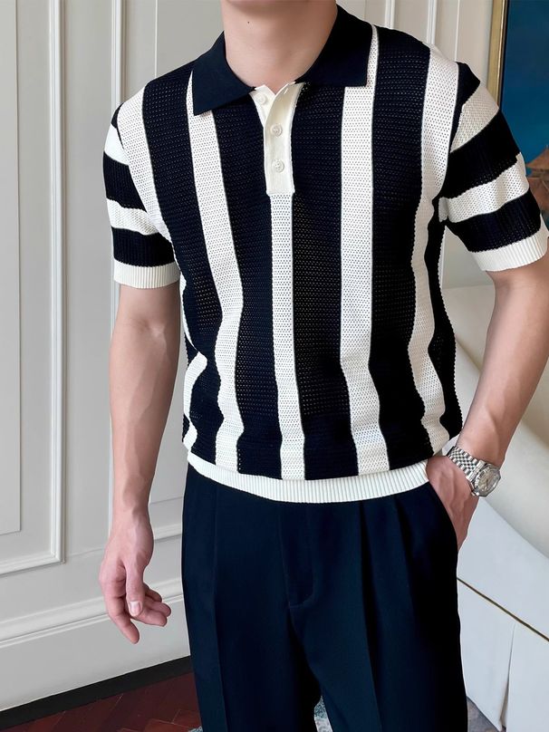Men's Clothing Striped Knitted Polo Shirt Men's Handsome Lapel T Shirt New Summer Trend Casual Short Sleeved T Shirt_viptrois.com
