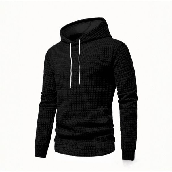 Fit Hooded Sweatshirt – Autumn-Ready Men’s Pullover With Grid Texture (Black/Grey, Slim Cut, S-XXL, Wrinkle-Resistant Polyester)_viptrois.com
