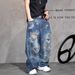 Men's Clothing Vibe Niche Trend Brand Handsome Big Hole Beggar Jeans Men Cityboy Wasteland Dirty Wash Wide Leg Long Pants_viptrois.com