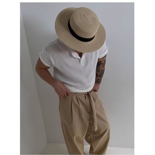 Men's Clothing Waffle Henry Collar Short Sleeved T Shirt Summer Light Breathable Polo Shirt Loose Casual T Shirt_viptrois.com