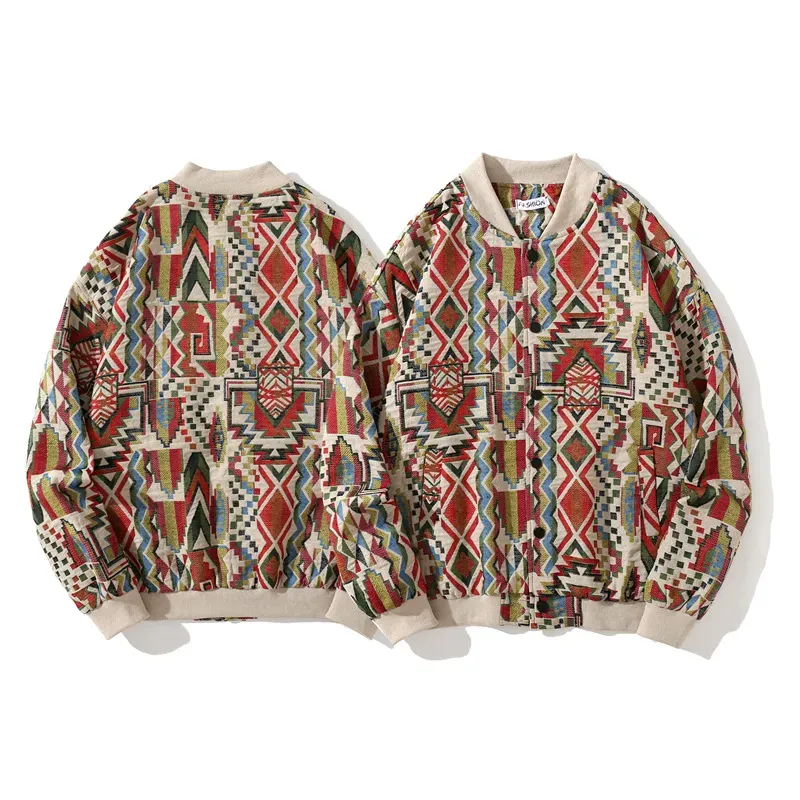 Men's Slim Fit Geometric Vintage Cotton Bomber Jacket - Beige, 2024 Fall Winter Casual Weaving Button Coat Tops_viptrois.com