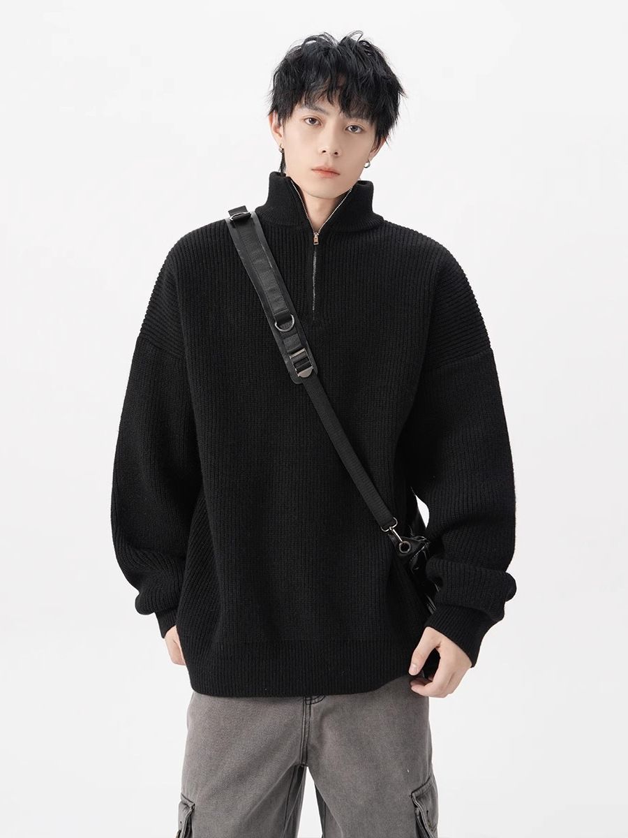 Autumn Half Zipper Sweater Trendy Brand Loose Knitted Sweater Hoodie Men's Coat_viptrois.com