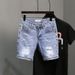 Men's Clothing Summer Light Blue Ripped Denim Shorts Men's Trendy Brand Ripped Pockets Slim Straight Beggar Five Point Pants_viptrois.com