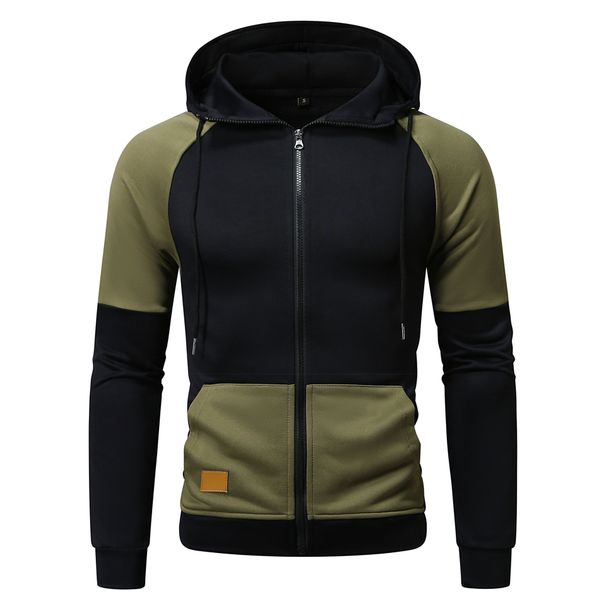 Men's Clothing Autumn And Winter New Men's Hooded Color Matching Sweatshirt European And American Youth Sports Cardigan Leather Sweatshirt Jacket_viptrois.com