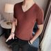 Slim Fit V-Neck Knit Tee – Breathable Summer Cable Stitch Shirt For Men (Beige, White, Black, Coffee)_viptrois.com