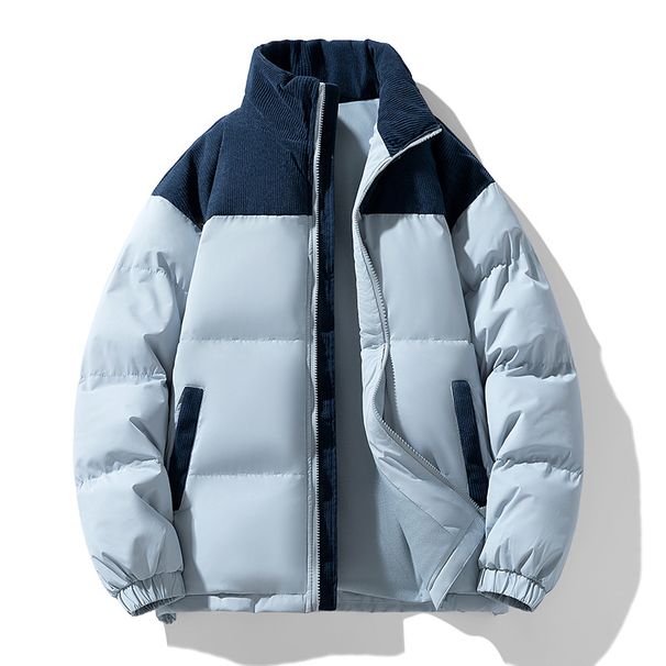 Unisex Winter Corduroy Padded Jacket - Thickened Warm Coat With Stand Collar, Color Block Design, Loose Fit For Men And Women_viptrois.com