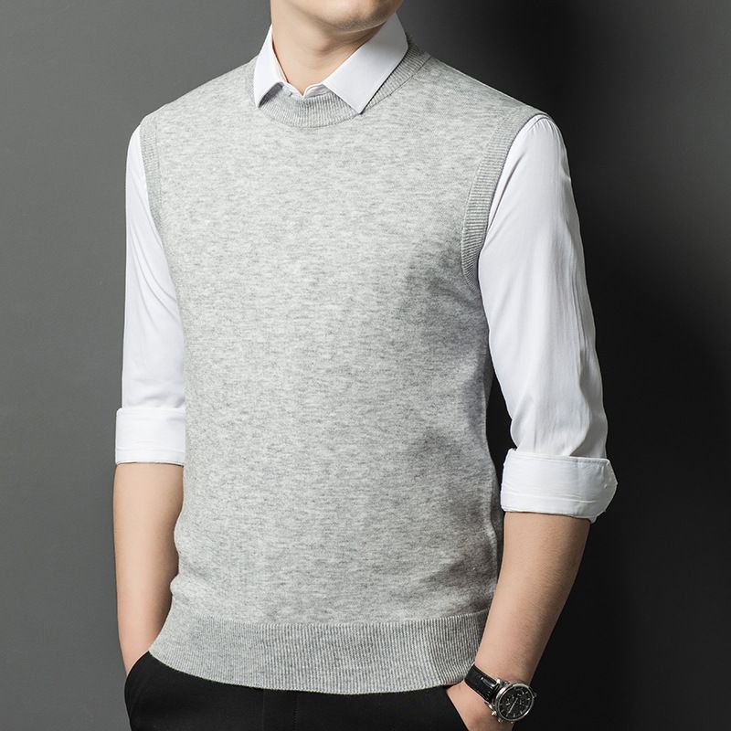Men's Wool Blend Sleeveless Sweater Vest, Round Neck Pullover Knit Vest For Casual & Business Wear_viptrois.com