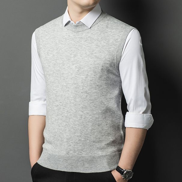 Men's Wool Blend Sleeveless Sweater Vest, Round Neck Pullover Knit Vest For Casual & Business Wear_viptrois.com