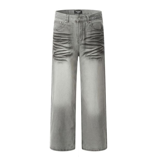 Punk Wasteland Washed Dirty Jeans For Men, Distressed And Faded Spray-Dyed Straight-Leg Pan, Trendy Niche Wide-Leg_viptrois.com