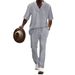 Men's Clothing Men's Casual Short Sleeved Trousers Sweetheart Collar Solid Color Versatile Jacquard Summer Suit_viptrois.com