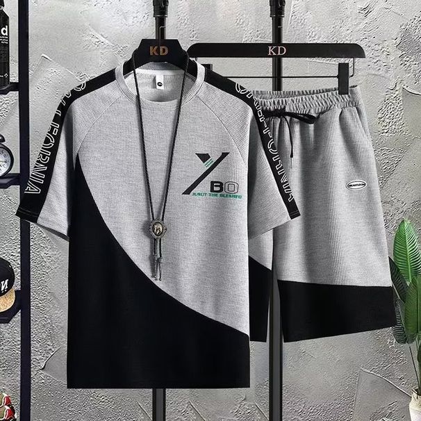 Men's Clothing Waffle Casual Suit Men's Summer Youth Large Size Men's Sports Short Sleeved Shorts Set 1/2 Piece_viptrois.com