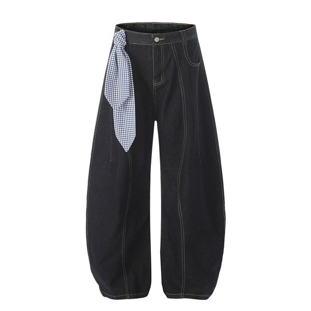 Streamer Decorated Scimitar Jeans Men's High Street Trend Ins Hip Hop Loose Washed Wide Leg Pants Floor Length Trousers_viptrois.com
