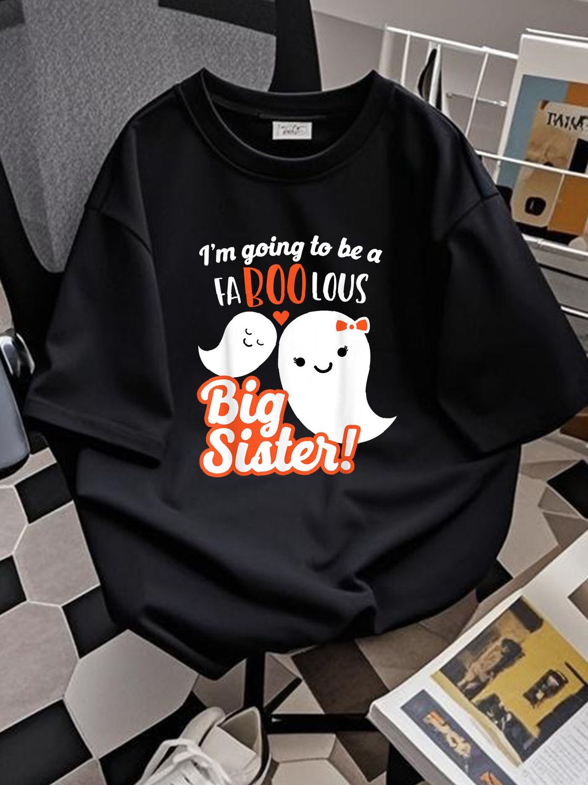 Big Sister Pregnancy Announcement Cute Ghost Girls Halloween T-Shirt Stretched Designer Clothes Female Soft Comfortable Summer T-Shirt For Women Casual Top For Everyday Wear Women Stylish Print Round Neck Short Sleeve Breathable Slightly Graphic_viptrois.com