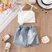 Girls 2025 Summer Hot Sale New Three Dimensional Flower Suspender T Shirt Butterfly Denim Shorts Suit For Small And Medium Children_viptrois.com