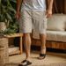 Men's Clothing New Cotton And Linen Work Shorts Drawstring Elastic Waist Straight Leg Solid Color Breathable Daily Beach Five Point Casual Shorts_viptrois.com