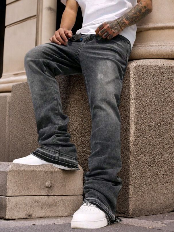 Men's Clothing 2025 American Deconstructed Stitching Double Waist Destroyed Jeans Men's Straight Slim Flared Cleanfit Pants_viptrois.com