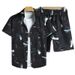Men's Clothing Retro Summer Hawaiian Five Point Sleeve Shirt Suit Men And Women Trendy Loose Beach Two Piece Suit_viptrois.com