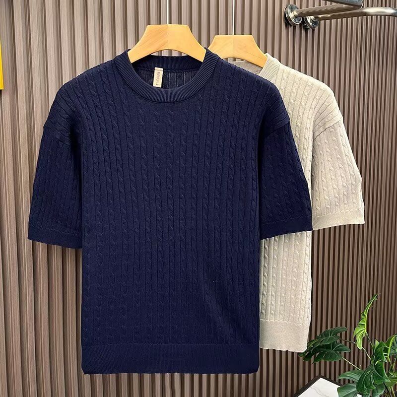 Men's Clothing Men's Soft Cable Knit Short Sleeve T-Shirt Old Fashioned Mature Elegant Style For Formal & Casual_viptrois.com