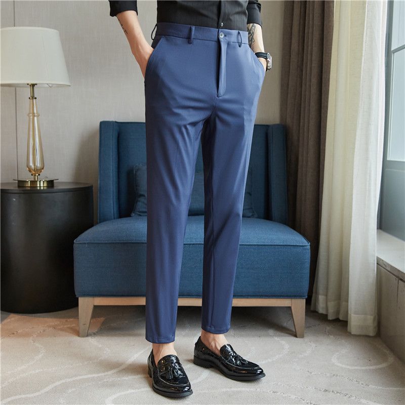 Summer Thin Men's Slim Fit Dress Pants High Elasticity Comfortable Ice Silk Korean Style Fashionable Business Trousers_viptrois.com
