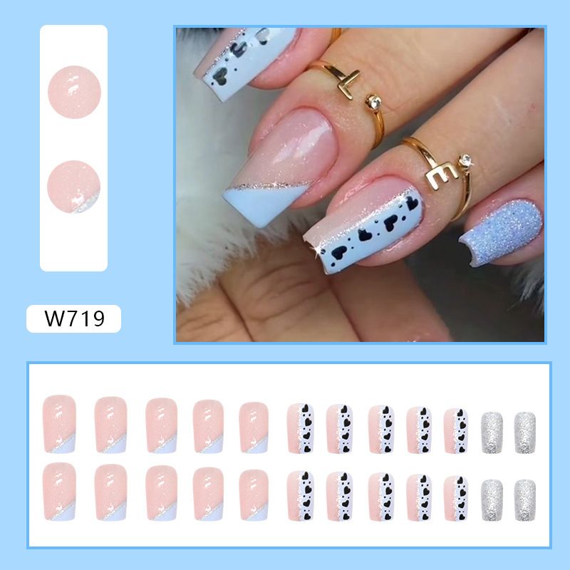 Nails Art & Tools Blue And White Triangle French Style With Love Spots Stitching Pink Square Armour Glitter Nails Wearing Armour Products_viptrois.com