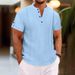 Men's Clothing Summer Polyester Cotton Short Sleeve Button Pleated Solid Color V Neck Casual Style Henry Shirt_viptrois.com