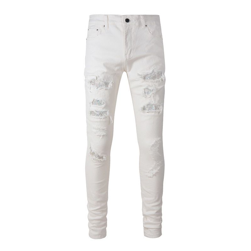 Cross Border European And American Street White Jeans Men's Trendy Brand Patch Holes Handsome Elastic Slim Fit Skinny Pants Foreign Trade_viptrois.com