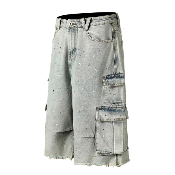 Men's Clothing Street Personality Pocket Distressed Stitching Wide Leg Jeans Washed Distressed Wide Cartoon Loose Print Wide Leg Pants_viptrois.com