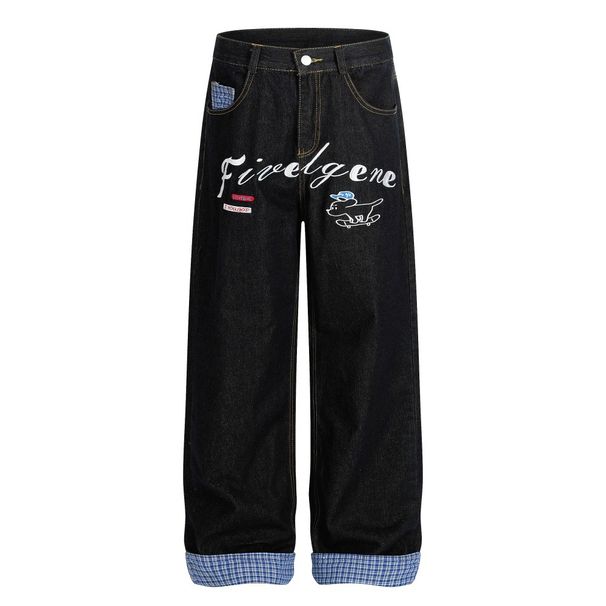 American Style Plaid Patchwork Rolled Hem Straight Jeans Men's Personalized Letter Embroidery Washed Loose Wide-Leg_viptrois.com