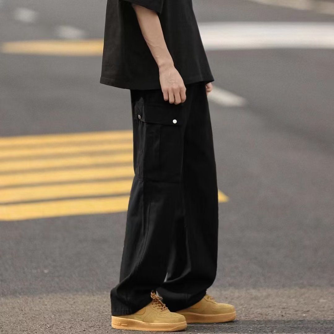 Men's Clothing Casual Loose Large Pocket Straight Pants Simple Solid Color Overalls High Street Men_viptrois.com